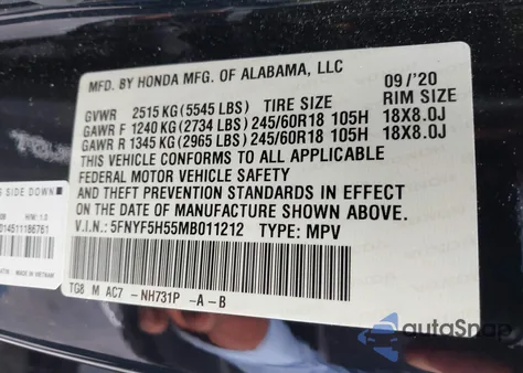 2021 Honda Pilot 2Wd Ex-L from USA, damaged, VIN 5FNYF5H55MB011212